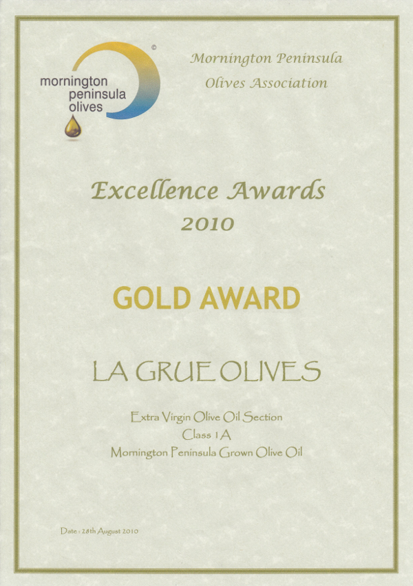 A gold award certificate for La Grue Olives from the Mornington Peninsual Olives Association
